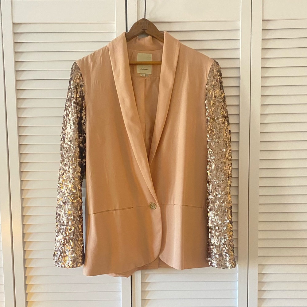 Anthropologie Elevenses Blush Blazer with Bronze Sequin Party Sleeves
